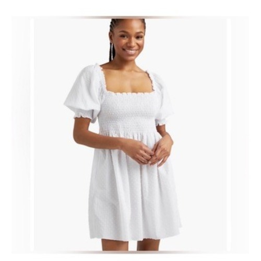 Hill House Home The Nap Dress White Swiss Dot Smocked Puff Sleeve Mini Cotton XS
